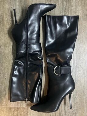 Fashion Nova Black Pointed-Toe Stiletto Knee-High Boots with Buckle Accent